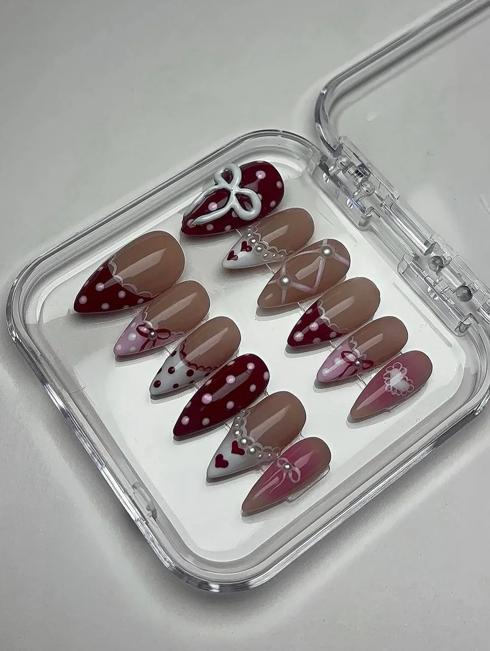 Cherry Bows press-on set: burgundy polka dots, bows and hearts