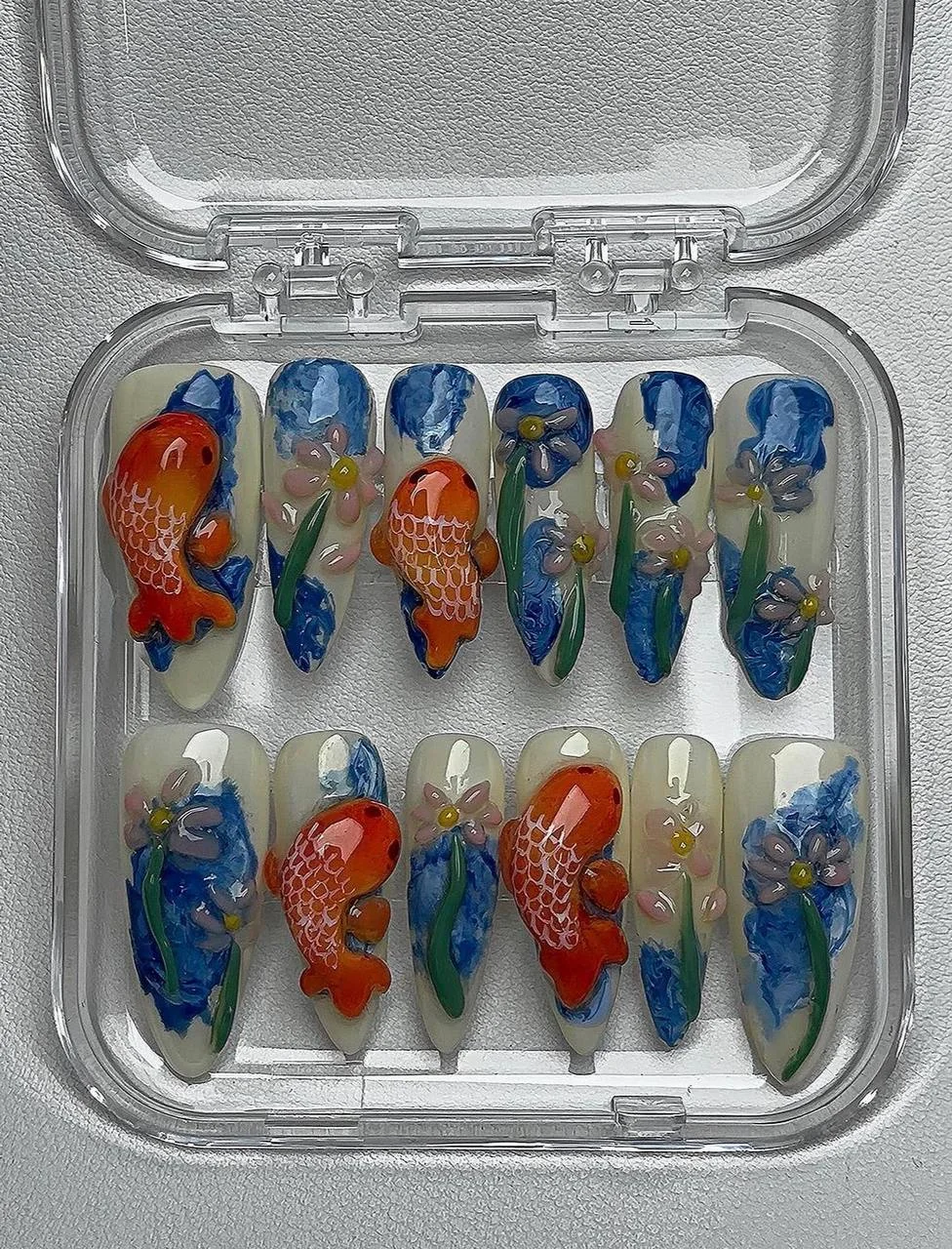 Koi Garden press-on set: 3D koi fish and blue flowers